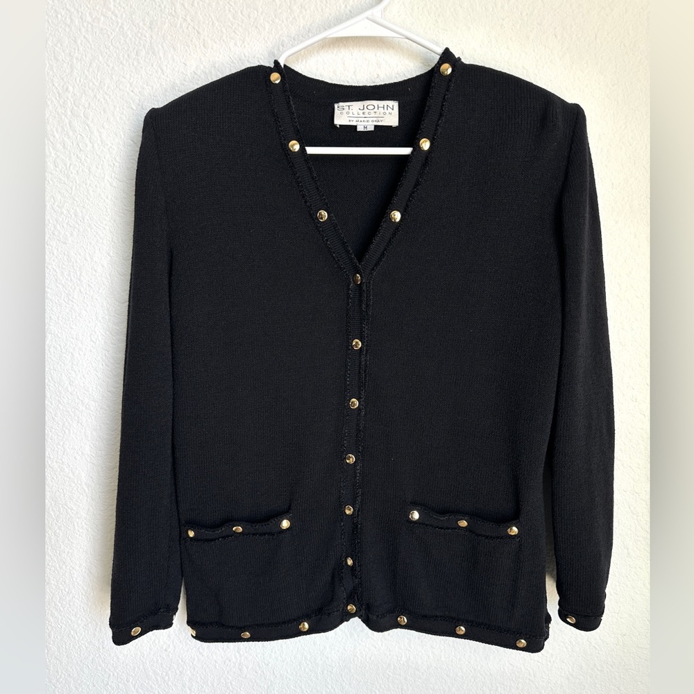St.John Collection by Marie Gray Knit Cardigan‎ Black gold buttons Medium